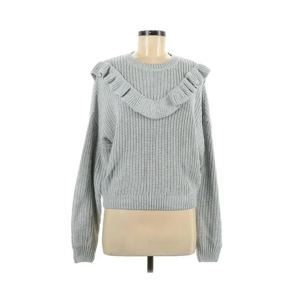 Blanknyc Gray Ruffle Knit Pullover Sweater